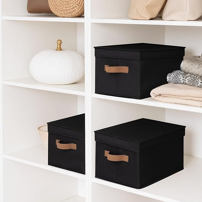 StorageWorks Black Storage Bins with Lids, Decorative Storage Boxes with PU Handles, Foldable Storage Baskets for Closet, Shelves, Stackable, Large, 3-Pack