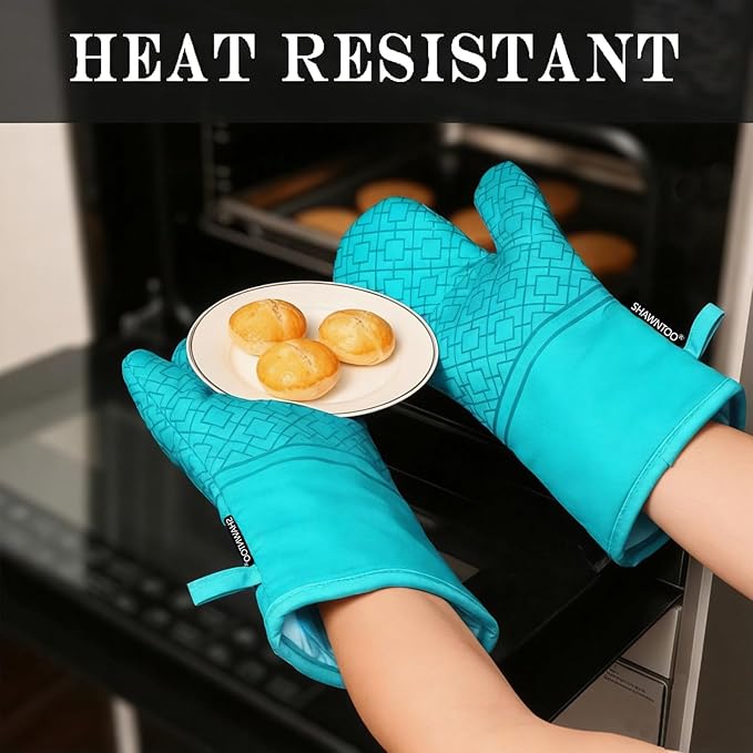 Oven Mitts and Pot Holders Sets 6pcs, Kitchen Oven Glove,High Heat Resistant 550 Degree Extra Long Oven Mitts and Potholders with Non-Slip Silicone Surface for Home Essentials (Grey) (Ice Blue)