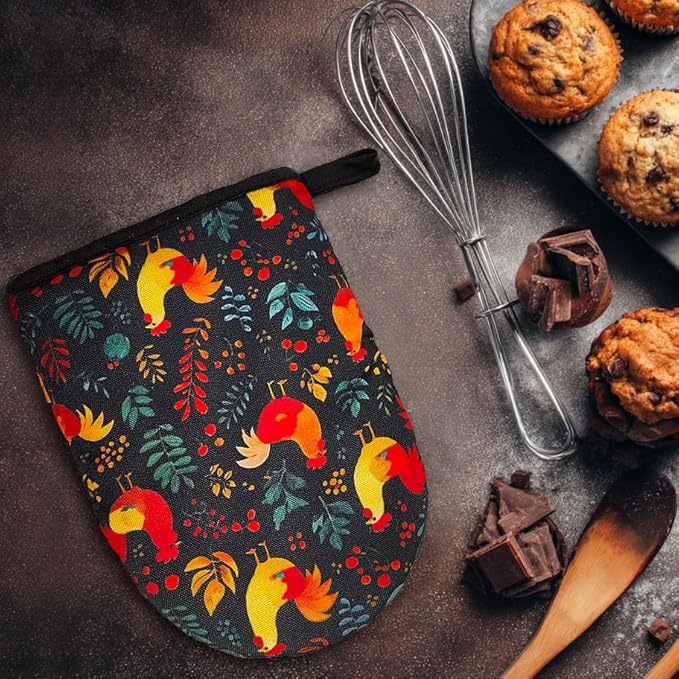 Rooster Oven Mitts, High Heat Resistant Kitchen Oven Gloves, Mini Silicone Oven Mitts, Non-Slip Grip Surfaces and Hanging Loop for Grilling, Baking, Cooking and Microwave, Gift