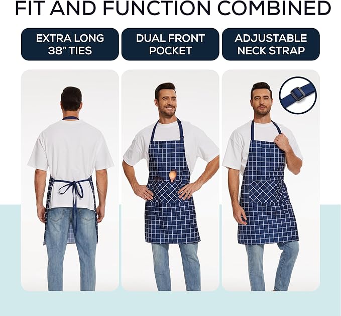 Will Well Kitchen Apron for Men and Women - 33" x 27" Oil-and-Water-Resistant with Adjustable Neck Strap and 38" Waist Ties for a Snug Fit, Lightweight with 2 Front Pockets - 6-Pack, Navy Checkered