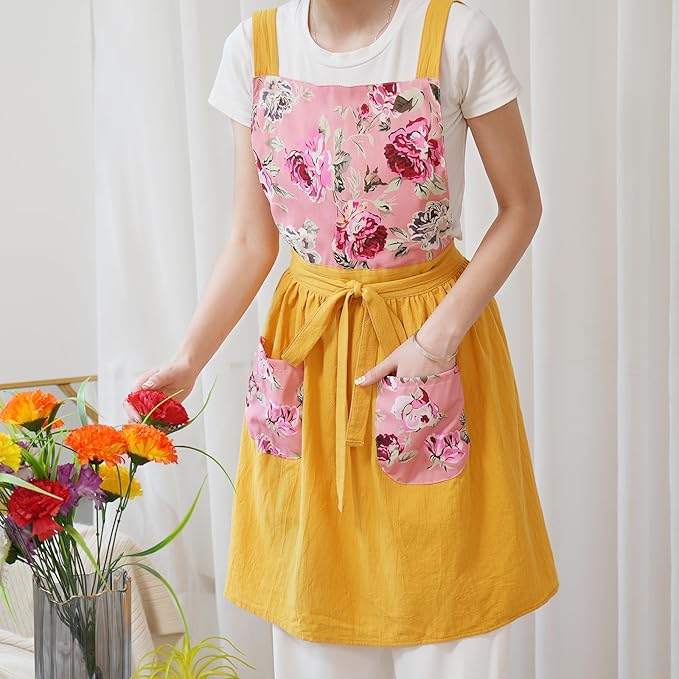 Pinknoke Vintage Pinafore Apron Dress for Women with Pockets Cute Floral Chef Aprons for Kitchen Cooking Baking Gardening