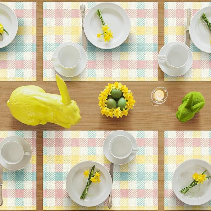 Niviy Buffalo Plaid Blue Pink Yellow Spring Easter Placemats Set of 6, 12x18 Inch Table Mats Easter Decor for Holiday Party Kitchen Dining Room Decoration