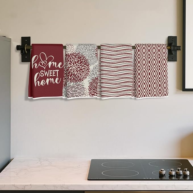 4 Pcs Abstract Artistic Kitchen Towels, Red Flower Soft Absorbent Tea Hand Towel, Microfiber Dish Cloths for Drying Dishes, Waffle Dish Towels for Kitchen Bathroom, Housewarming Gifts for Women