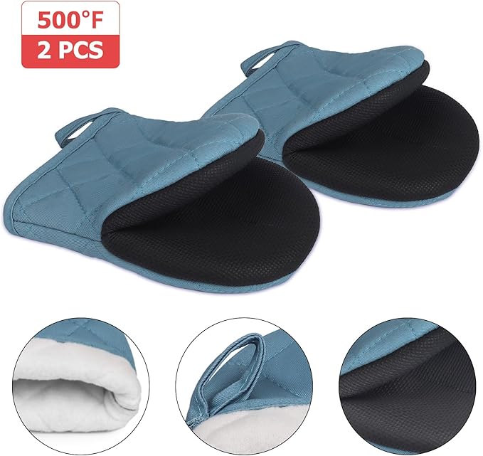 Short Oven Mitts, Heat Resistant 500°F, Silicone Grip Kitchen Gloves, Non-Slip for Baking, Grilling, BBQ, Machine Washable with Hanging Loop, 2-Pack Set, Light Cyan