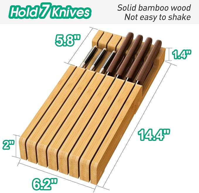 Knife Holder, Knife Organizer Drawer Insert, In-Drawer Bamboo Wood knife block, Drawer Knife Storage Steak Knife Holder Without Knives, Holds up to 7 Knives