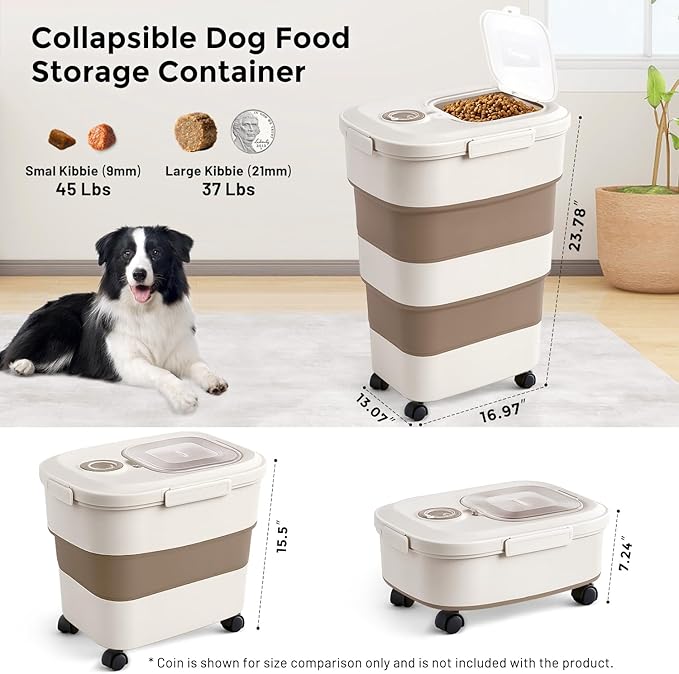 ZOMISIA 40-50lbs Dog Food Storage Container, Large Capacity Collapsible Airtight Pet Food Storage Containers with Rolling Wheels, Transparent Lid, Scoop and Date Track, Brown