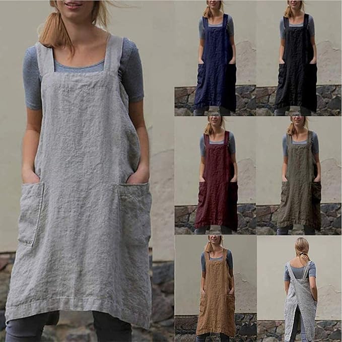VLZUFE Cotton Linen Apron for women Cross Back Apron Pinafore Dress for Baking Cooking Gardening Work