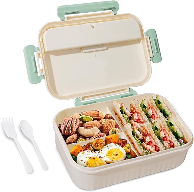 Bento Box for Adults, 1800 ML Bento Lunch Box for Kids Girls Boys with Spoon & Fork, 3-Compartment Lunch Containers, Microwave & Dishwasher Safe, BPA-Free and Food-Safe Materials(Light Green)