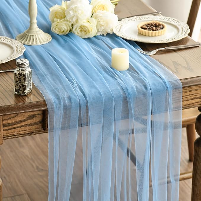 Artoid Mode 3PCS Dusty Blue Gauze Table Runner 120 Inch 10FT, Seasonal Sheer Kitchen Dining Holiday Wedding Birthday Baby Shower Table Decor for Home Party
