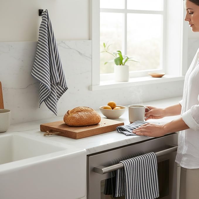 Eight Owls Stonewashed Linen Kitchen Dish Towels - 20 x 27 inch – 100% Pure Linen Tea Towel/Hand Towel - Set of 2 (Navy Stripe)