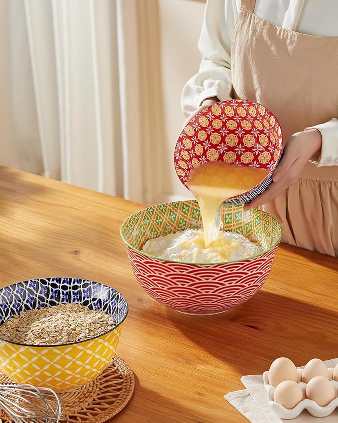 Metahom Ceramic Mixing Bowls for Kitchen, Colorful Nesting Bowls, Large Serving Bowls for Prepping, Baking, Mixing, Salad, Microwave Dishwasher Safe, 3.7/2.3/1.4 Qt, Set of 3