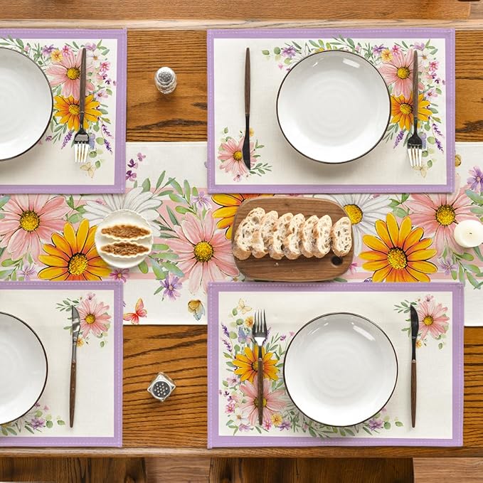 Artoid Mode Purple Sunflowers Butterfly Spring Placemats Set of 4, 12x18 Inch Seasonal Summer Holiday Table Mats for Party Kitchen Dining Decoration
