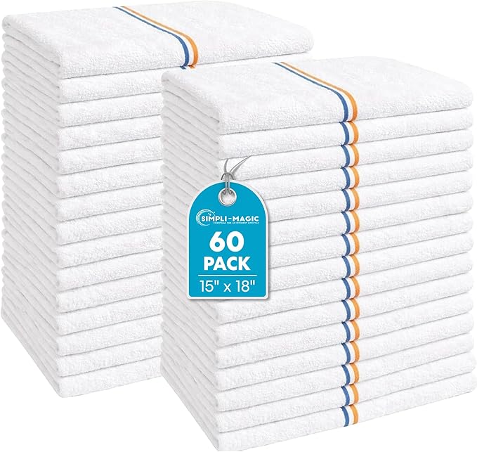 Simpli-Magic Terry Bar Mop Kitchen Towels, 60 Pack, 15 x 18 Inch Cotton Cleaning Towels for Kitchen, Bar & Commercial Use