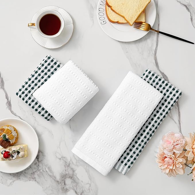 SALAS Cotton Dish Towels Cloths for Kitchen Drying Dishes, Lattice Terry Kitchen Towels, Highly Absorbent Cloths with Hanging Loop, 16‘’ x 26‘’, 4 Packs, Green and White