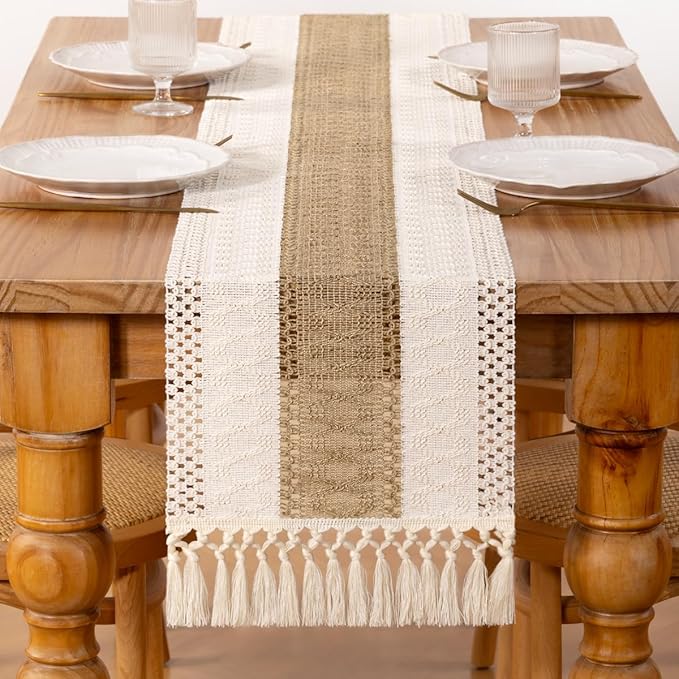 DeZerlor Boho Macrame Table Runner Farmhouse Woven Small Table Runner with Tassels 36 Inches Ivory& Burlap Brown Cotton Linen Kitchen Table Decor for Dining Dresser Home Tea Table Decor