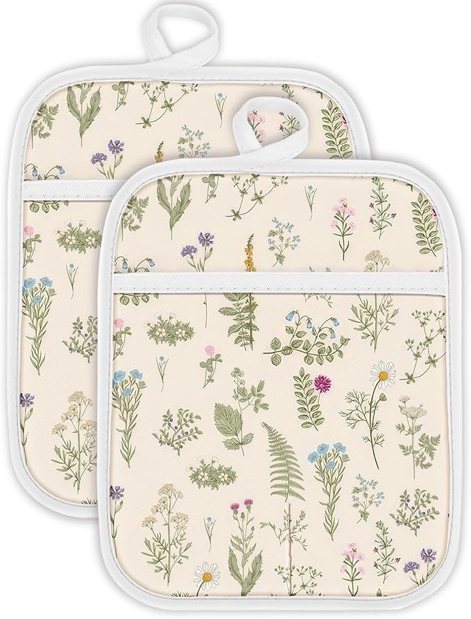 Swooflia 100% Cotton Pot Holders 2 Pack Set for Kitchen with Pockets - Cute 440°F Heat Resistant Oven Hot Pads Heavy Duty for Countertop Home Cooking Baking Microwave BBQ Retro Flower