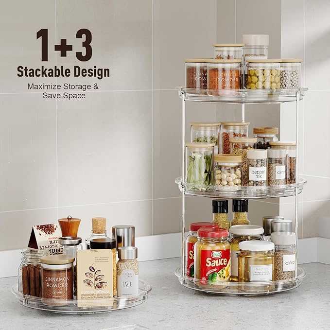 2 Tier Lazy Susan Organizer, 9.25'' Lazy Susan Turntable for Cabinet, Stackable Turntable Organizer Rotating Spice Rack Organization for Kitchen Countertop, Pantry, Bathroom, Clear