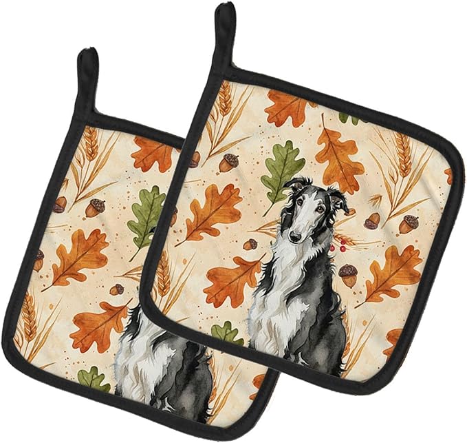 Caroline's Treasures Black and White Borzoi Heirloom Fall Pair of Pot Holders Pair 7.5x7.5 Quilted Insulated Hot Pads Decorative Kitchen Gift Made in USA
