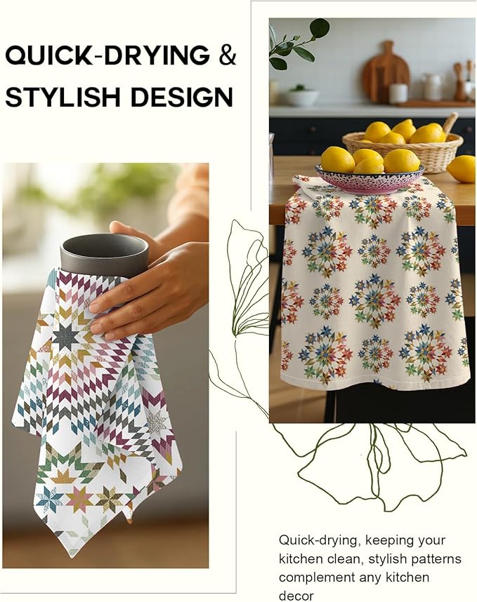 Miss Adola 2 Pack Flour Sack Kitchen Towels - 16x26 Inch Cotton Dish Towels with Hanging Loop Reusable Geometric Boho Modern Retro Tea Towel Absorbent Dishcloths Home Decor, Starburst Design