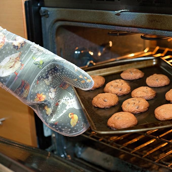 Oven Mitts Set of 2 with Transparent Clear Silicone Shell and Nice Duck Printing Cotton Lining, Heat Resistant to 500 F Kitchen Oven Gloves Pot Holder for Cooking (Wathet Blue, Oven Mitts)