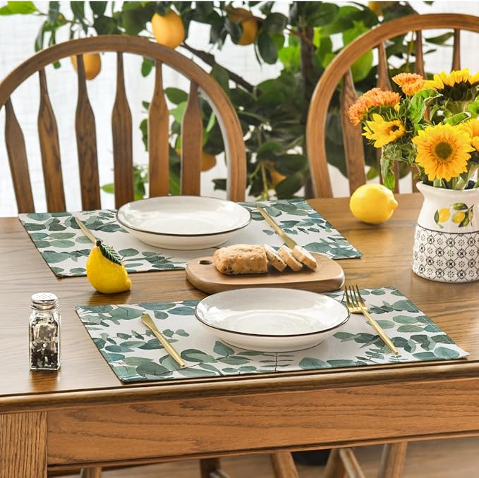 Artoid Mode Eucalyptus Leaves Summer Placemats for Dining Table, 12 x 18 Inch Spring Seasonal Holiday Rustic Vintage Washable Table Mats Set of 4 Green