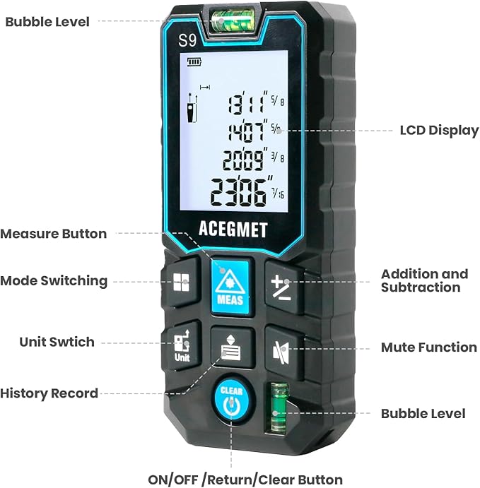 ACEGMET Laser Measure, 229ft/70m Laser Measurement Tool, S9 Room Laser Measuring Tool with 2 Bubble Levels, LCD Backlit Display, IP54 Waterproof, Pythagorean Mode for Distance, Area, Volume