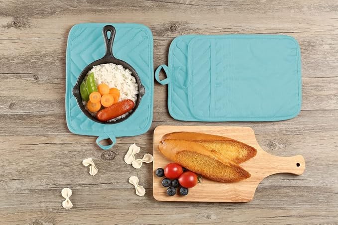Oven Pot Holder with Pocket Cotton Heat Resistant Coaster Potholder Kitchen Hot Pad Oven Mitts for Cooking Square 7"x9"Set of 5 (Aqua)