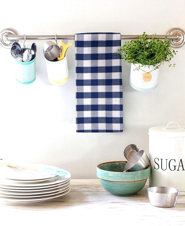Urban Villa Kitchen Towels 100% Cotton Dish Towels for Kitchen (Set of 6) 20”x30” Dish Cloths Highly Absorbent Kitchen Linen Set with Hanging Loop Perfect for Drying Dishes Cleaning – Blue/White
