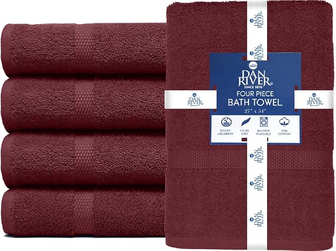 DAN RIVER Bath Towels Set of 4, 27 x 54 Inches, 100% Cotton, Larger & Lighter Weight, Quicker to Dry, Super Soft and Absorbent, Ideal Soft Bath Towels for Daily Use, Pomegrante