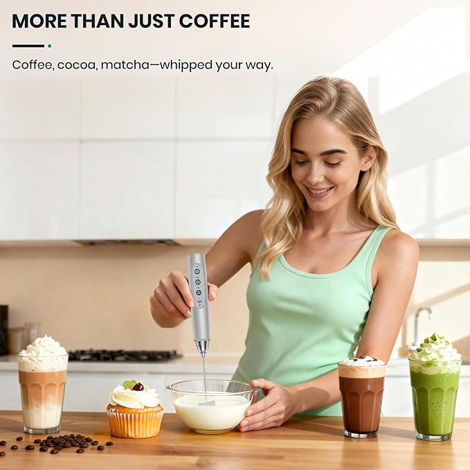 Colarlemo Milk Frother Handheld Rechargeable with Stand, Frother Wand Drink Mixer Electric Whisk for Coffee, Detachable With 3 Stainless Whisks, Hand Mixer for Lattes, Cappuccino, Matcha, Egg, Silver