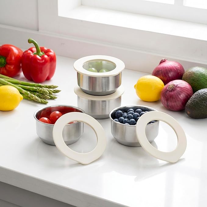 Urban Green Stainless Steel Food Containers with Glass Lid, Airtight Leakproof Stainless Steel Storage Containers in set of 4, small size, Round Shape, Microwave Safe, 100% Plastic Free