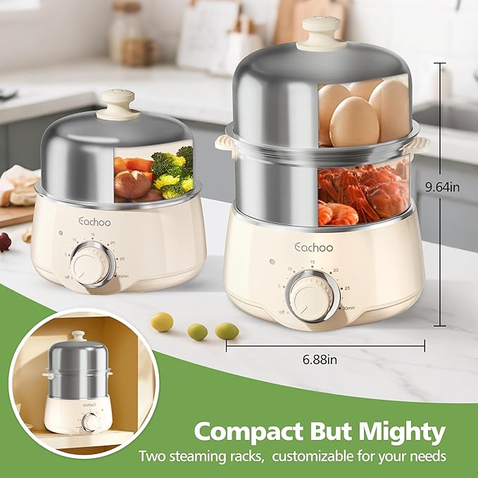 Hard Boiled Egg Cooker - CACHOO 14-Egg Rapid Stainless Steel Egg Boiler with 30-Min Timer & Auto Shut Off, Compact Electric Vegetable Steamer for Cooking, Dishwasher Safe, Beige