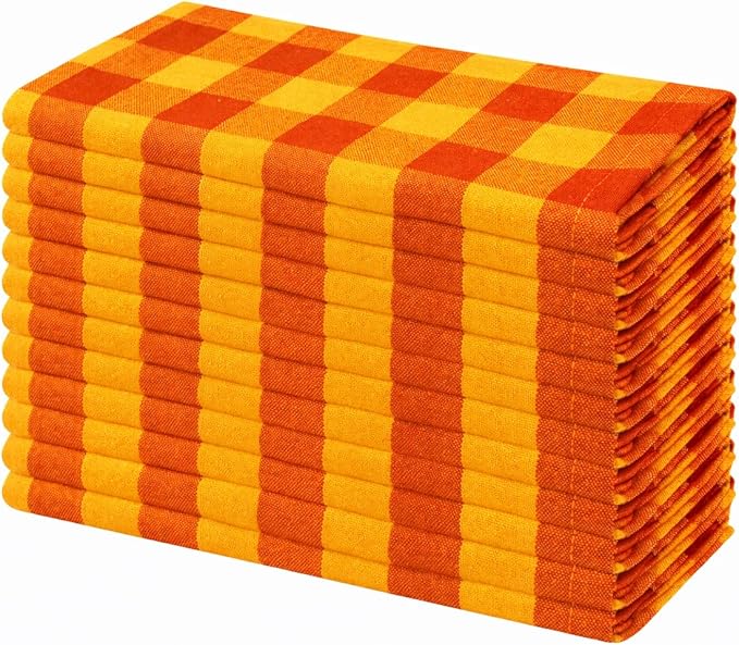 Cloth Napkins Set of 12, 100% Cotton Dinner Napkins 18x18 Inch, Soft Absorbent Gingham Check Napkin for Restaurant, Table Décor, Reusable Washable for Everyday Use - Orange/Golden Yellow