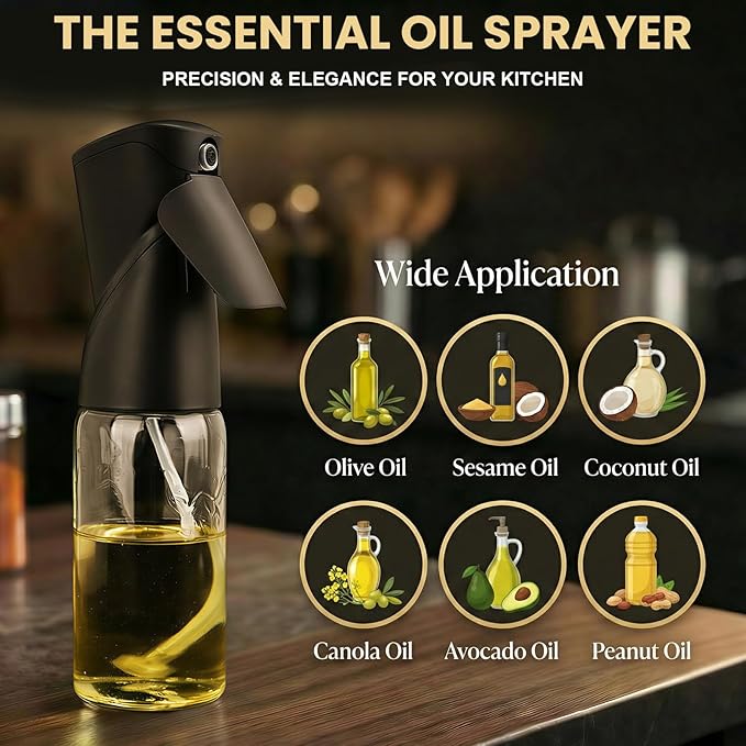 Oil Sprayer for Cooking 250ml/8.5oz 2 Pack Glass Olive Oil Spray Bottle Refillable Dispenser Oil Mister Spray Bottles for Kitchen Gadgets BBQ(Black)