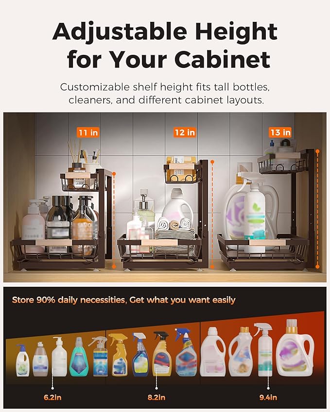 Sevenblue 3 Pack Under Sink Organizer, Multi-Purpose 2 Tier Pull-Out Metal Under Kitchen Sink Organizer, Height Adjustable Storage Shelves for Kitchen Bathroom Cabinet (Brown)