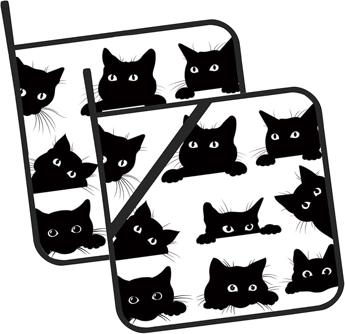 Cute Black Cat Pot Holders Set of 2 Kitchen Heat Resistant Potholder for Microwave Cooking Baking Oven End Dishes and BBQ