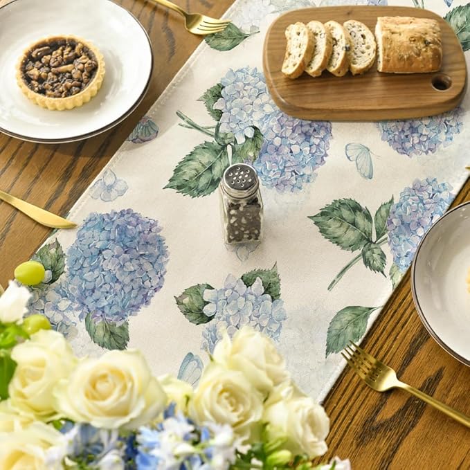 Artoid Mode Hydrangea Butterfly Summer Table Runner, Seasonal Spring Holiday Kitchen Dining Table Decoration for Home Party Indoor 13x120 Inch
