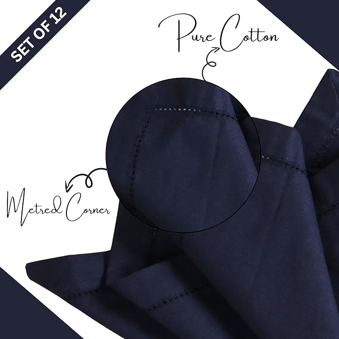 Lightnpro Hemstitched Cotton Cloth Napkins Set of 12-18x18 Inch Navy Dinner Napkins, Washable Fabric Napkins, Christmas & Holiday Table Linens, Elegant Cloth Napkins for Special Occasions