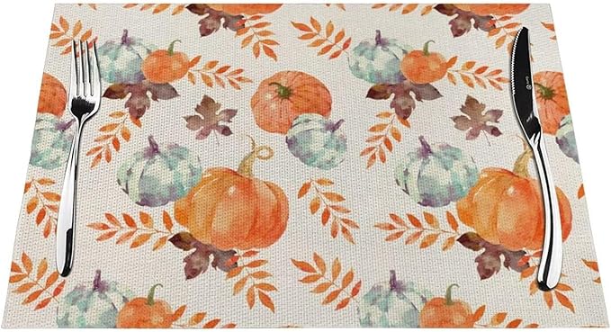 Fall Pumpkin Placemats 12x18 Inch Set of 4, Blue Orange Pumpkin Thanksgiving Table Place Mat Autumn Watercolor Harvest Washable Table Mats Decorative Linen Fabric Table Mat for Dining Table