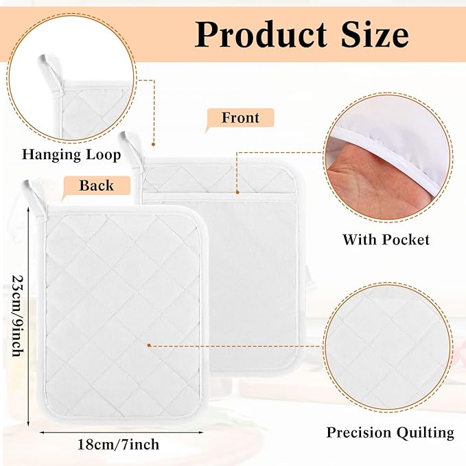 Hoolerry 20 Pieces Pot Holders with Pocket Sublimation 7x9'' Cotton Oven Pot Holders Bulk with Hanging Loops Pads for Kitchen Cook Baking (White)