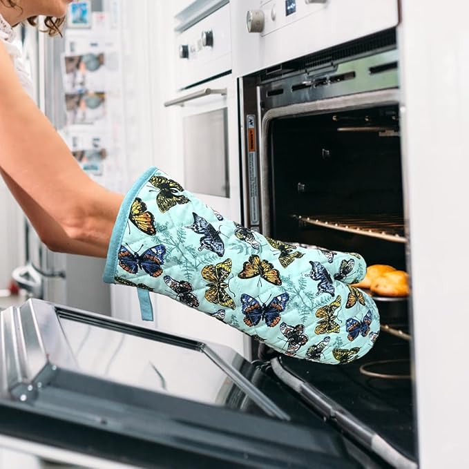 Oven Mitts Cotton Fashion Cute Butterfly Design 1pair Heat Resistant Oven Gloves Safe Cooking Baking Grilling Barbecue Machine Washable Pot Holders (Butterfly)
