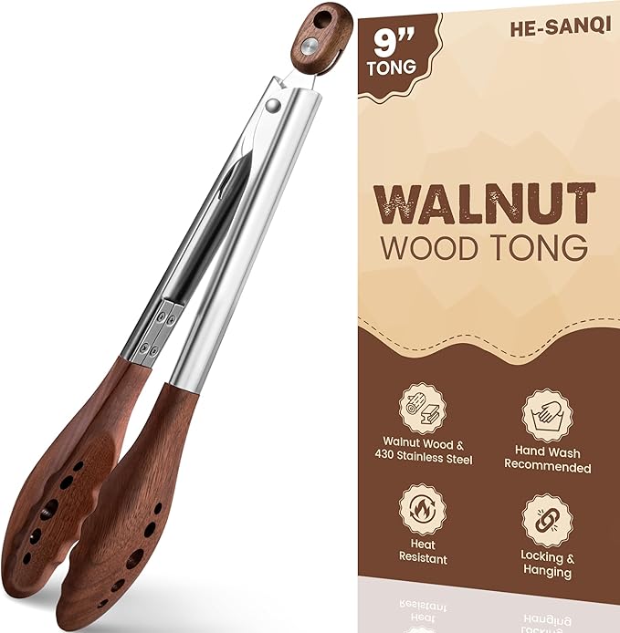 9-Inch Wooden Tongs for Cooking - Heat Resistant Natural Walnut Wood Kitchen Tongs, Stainless Steel Salad Tong with Walnut Wood Tips for Serving Food, Cooking, Tossing Salad, Grilling, BBQ (9 Inch)
