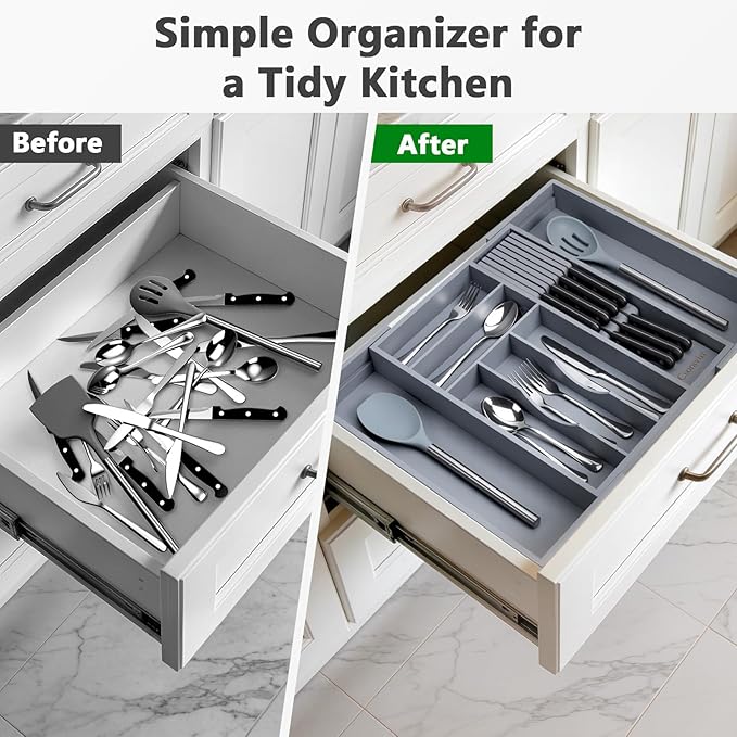 9-Piece Bamboo Kitchen Drawer Organizer Set, Expandable Silverware &Utensil Organizer with Removable Knife Block & Steak Knives, Flatware Organization, Tableware Dividers Storage(Gray)