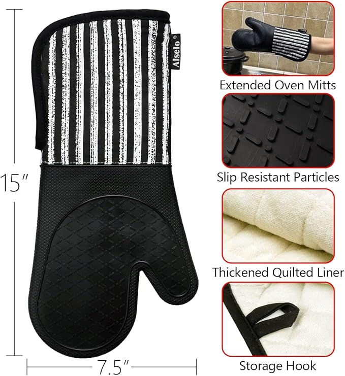 Alselo Silicone Oven Mitts Heat Resistant 932℉ with Waterproof & Non-Slip Kitchen Mittens, Set of 2 Extra Long Oven Gloves with Soft Cotton Terry Lining for Baking Cooking Barbecue (2, Black Mitts)