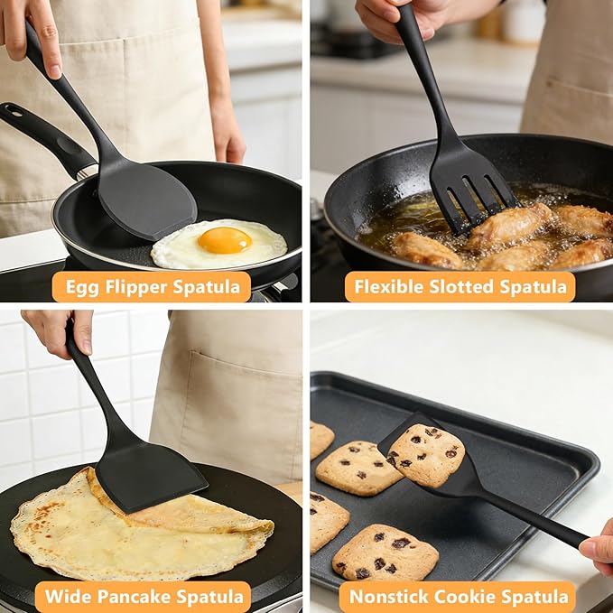 Silicone Spatula Turner Set, 600°F High Heat Resistant Spatulas for Cooking, BPA Free, Large Flexible Kitchen Utensils Flipping Eggs, Pancakes, Fish, Burgers, Dishwasher Safe (4 Pack, Black)