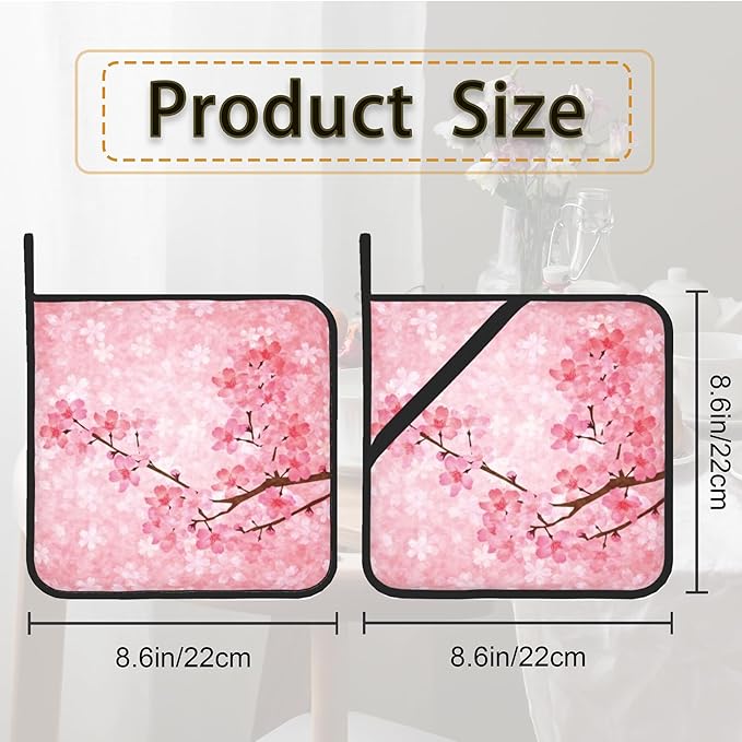 Pink Blooming Cherry Blossoms Pot Holder Set of 2,Heat Resistant Potholders Oven Hot Pads for Kitchen Cooking Baking BBQ