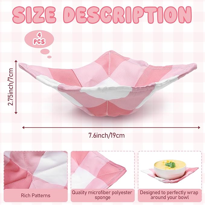CHENGU 4 Pcs Pink Plaid Cotton Microwave Bowl Cozy Holders for Hot Food Hot Pad Soup Bowl Potholder Heat Resistant Multipurpose Quilted Safe Holder for Kitchen Plate Supply Pink, White