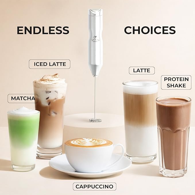 Zulay Kitchen Powerful Frother Wand AA Batteries Included, Ultra Fast Handheld Drink Mixer, Comfort Milk Frother, Stainless Steel Whisker, Frother Handheld for Coffee, Protein & Matcha - Frothmate 2.0