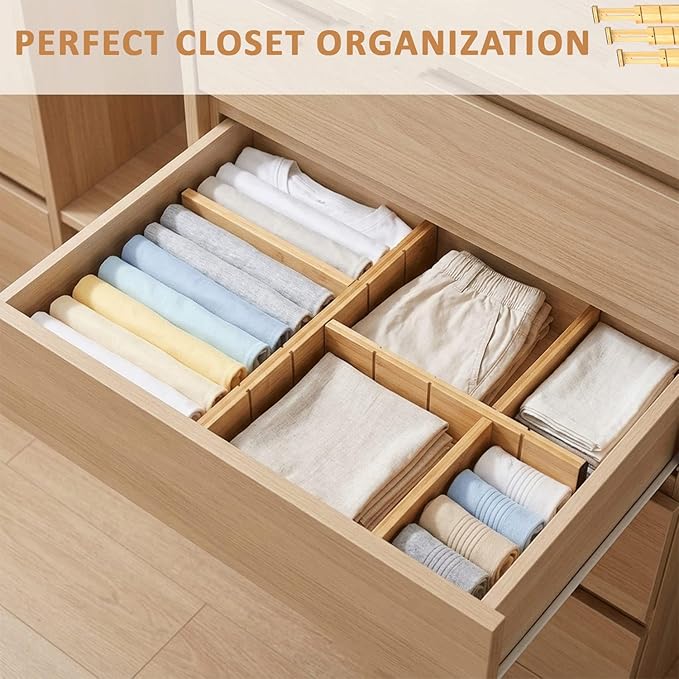 6 Pack Bamboo Drawer Dividers, Adjustable 17–22 Inch Expandable Drawer Organizer for Kitchen, Dresser & Closet, Bamboo Kitchen Drawer Organizer, Drawer Divider Set with 12 Inserts