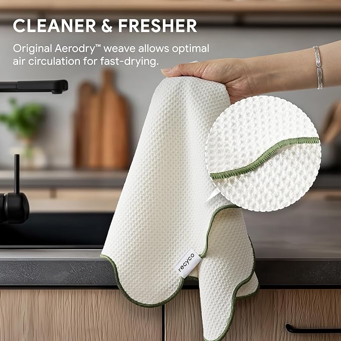 RECYCO Waffle Kitchen Towel Set of 2 - Quick Dry Microfiber Sustainable Dish Towels - Ultra Absorbent Reusable Cleaning Tea Towels - Lightweight Hand Towels,16”x 28”, Lorden Green